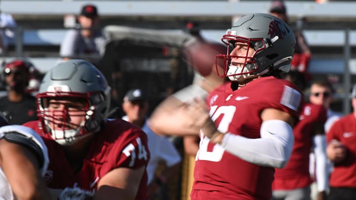 Sep 16, 2023; Pullman, Washington, USA; Washington State Cougars quarterback John Mateer (10) throws a pass against the Northern Colorado Bears in the second half at Gesa Field at Martin Stadium. Washington State won 64-21. Mandatory Credit: James Snook-USA TODAY Sports