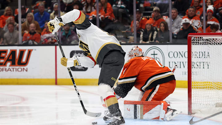 May 14, 2026; Anaheim, California, USA; Vegas Golden Knights right wing Mitch Marner (93) scores a goal against Anaheim Ducks goaltender Lukas Dostal (1) during the first period in game six of the second round of the 2026 Stanley Cup Playoffs at Honda Center. Mandatory Credit: Kiyoshi Mio-Imagn Images