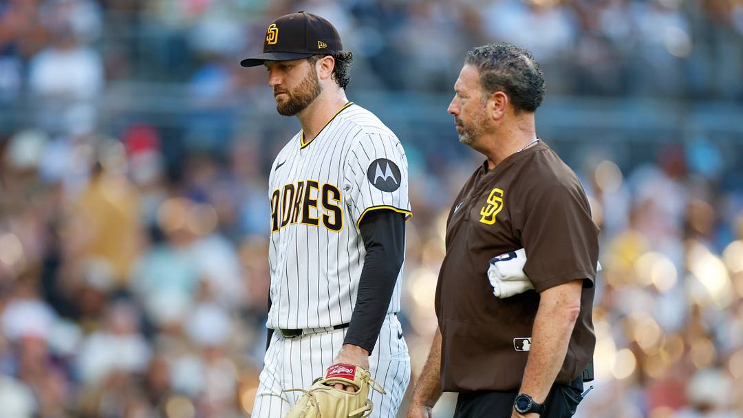 Aug 22, 2026; San Diego, California, USA;  San Diego Padres starting pitcher Casey Mize (32) leaves the field during third inning against the Minnesota Twins at Petco Park.  Mandatory Credit: David Frerker-Imagn Images
