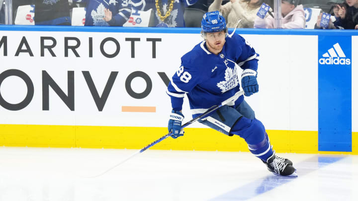 Apr 27, 2024; Toronto, Ontario, CAN; Toronto Maple Leafs right wing William Nylander (88) skates during the warmup before game four of the first round of the 2024 Stanley Cup Playoffs against the Boston Bruins at Scotiabank Arena. Mandatory Credit: Nick Turchiaro-USA TODAY Sports