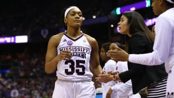 Apr 1, 2018; Columbus, OH, USA; Mississippi State Lady Bulldogs guard Victoria Vivians (35) comes to the bench during the third quarter against the Notre Dame Fighting Irish in the championship game of the women's Final Four in the 2018 NCAA Tournament at Nationwide Arena. Mandatory Credit: Aaron Doster-USA TODAY Sports