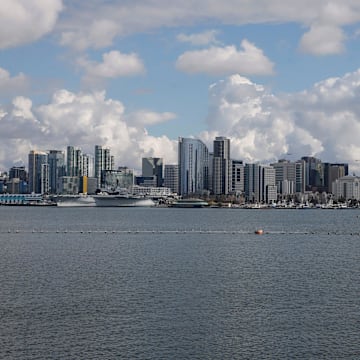 The San Diego skyline looms over the Pacific Ocean in this view from 2019.