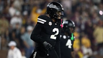 Sep 6, 2025; Starkville, Mississippi, USA; Mississippi State Bulldogs defensive back Isaac Smith (2) looks on during the third quarter against the Arizona State Sun Devils at Davis Wade Stadium at Scott Field. Mandatory Credit: Petre Thomas-Imagn Images