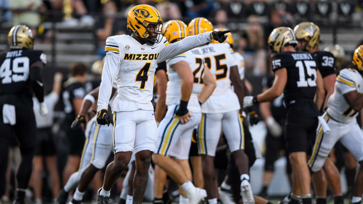 Sep 30, 2023; Nashville, Tennessee, USA;  Missouri Tigers defensive back Tre'Vez Johnson (4) points to the sideline after stopping Vanderbilt Commodores on 4th down during the second half at FirstBank Stadium. Mandatory Credit: Steve Roberts-USA TODAY Sports