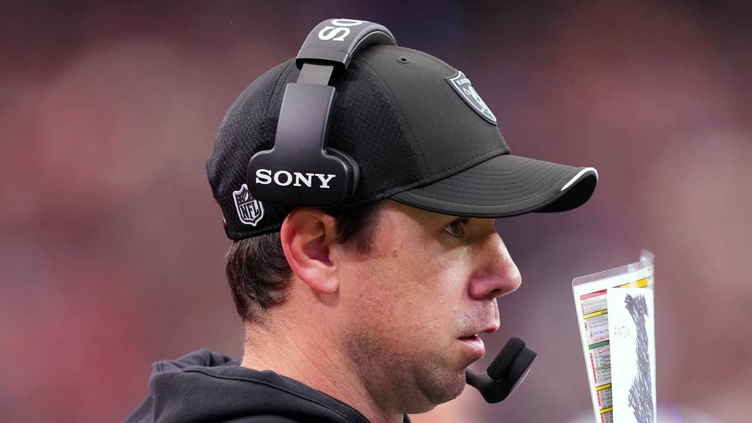 Oct 4, 2026; Paradise, Nevada, USA;  Las Vegas Raiders head coach Klint Kubiak watches game play against the Kansas City Chiefs during the third quarter at Allegiant Stadium.  Mandatory Credit: Joe Camporeale-Imagn Images