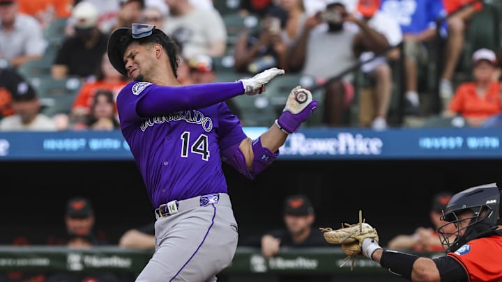 Jul 26, 2025; Baltimore, Maryland, USA; Colorado Rockies’ shortstop Ezequiel Tovar (14) strikes out in the first inning against the Baltimore Orioles at Oriole Park at Camden Yards. Jul 26, 2025; Baltimore, Maryland, USA; Colorado Rockies’ shortstop Ezequiel Tovar (14) strikes out in the first inning against the Baltimore Orioles at Oriole Park at Camden Yards.