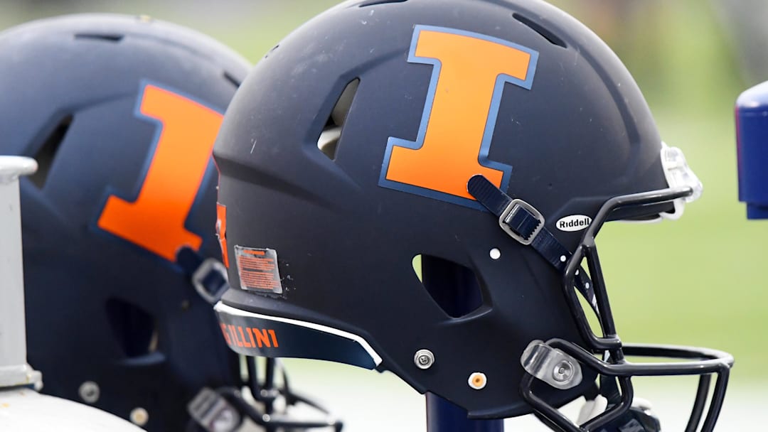 Nov 24, 2018; Evanston, IL, USA; A detailed view of a Illinois Fighting Illini helmet before a game against the Northwestern Wildcats at Ryan Field. Mandatory Credit: Mike DiNovo-Imagn Images