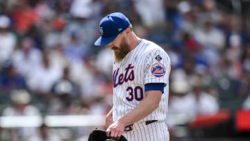 Jun 16, 2024; New York City, New York, USA; New York Mets pitcher Jake Diekman (30) reacts after leaving the game during the eighth inning against the San Diego Padres at Citi Field. Mandatory Credit: John Jones-USA TODAY Sports