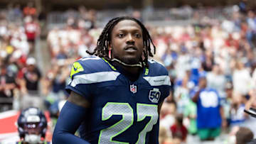 Sep 25, 2025; Glendale, Arizona, USA; Seattle Seahawks cornerback Riq Woolen (27) against the Arizona Cardinals at State Farm Stadium. Mandatory Credit: Mark J. Rebilas-Imagn Images