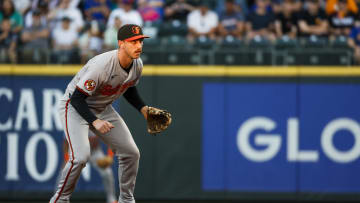 Jul 3, 2024; Seattle, Washington, USA; Baltimore Orioles second baseman Jordan Westburg (11) reacts to a pitch against the Seattle Mariners during the fifth inning at T-Mobile Park. Mandatory Credit: Joe Nicholson-USA TODAY Sports