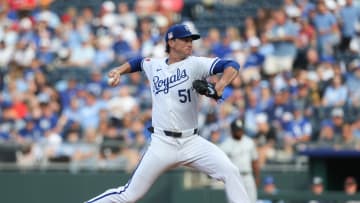 Jul 20, 2024; Kansas City, Missouri, USA; Kansas City Royals starting pitcher Brady Singer (51) pitches against the Chicago White Sox during the first inning at Kauffman Stadium. Mandatory Credit: Scott Sewell-USA TODAY Sports