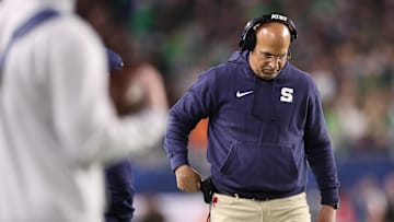Jan 9, 2025; Miami, FL, USA; Penn State Nittany Lions head coach James Franklin reacts in the second half against the Notre Dame Fighting Irish in the Orange Bowl at Hard Rock Stadium. Mandatory Credit: Nathan Ray Seebeck-Imagn Images