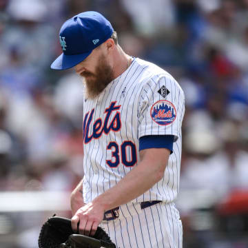 Jun 16, 2024; New York City, New York, USA; New York Mets pitcher Jake Diekman (30) reacts after leaving the game during the eighth inning against the San Diego Padres at Citi Field. Mandatory Credit: John Jones-USA TODAY Sports