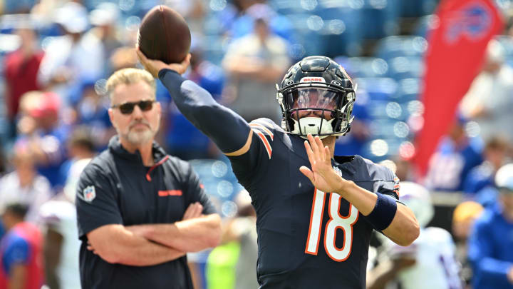 Matt Eberflus watches Caleb Williams warming up prior to Saturday's 33-6 preseason win by the Bears over Buffalo.