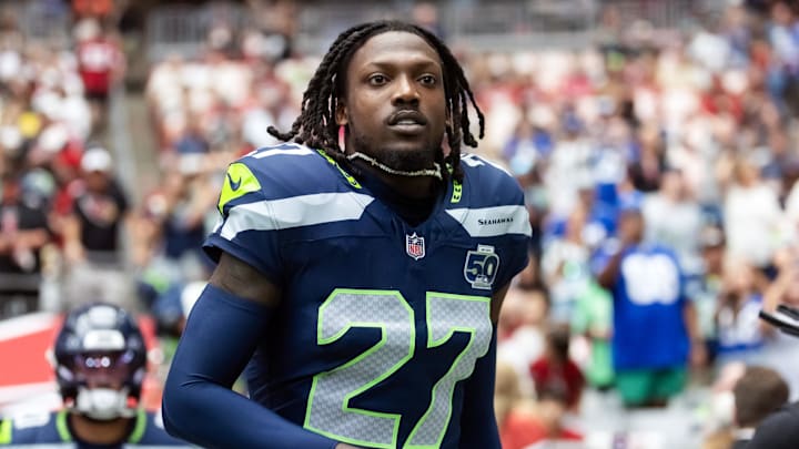 Sep 25, 2025; Glendale, Arizona, USA; Seattle Seahawks cornerback Riq Woolen (27) against the Arizona Cardinals at State Farm Stadium. Mandatory Credit: Mark J. Rebilas-Imagn Images