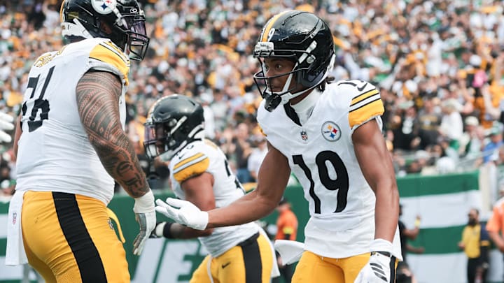 Sep 7, 2025; East Rutherford, New Jersey, USA; Pittsburgh Steelers wide receiver Calvin Austin III (19) celebrates a touchdown during the second half against the New York Jets at MetLife Stadium. Mandatory Credit: Vincent Carchietta-Imagn Images