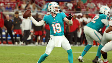 Aug 23, 2024; Tampa, Florida, USA;  Miami Dolphins quarterback Skylar Thompson (19) throws the ball against the Tampa Bay Buccaneers during the second half at Raymond James Stadium. Mandatory Credit: Kim Klement Neitzel-Imagn Images