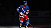 Mar 16, 2025; New York, New York, USA; New York Rangers defenseman K'Andre Miller (79) skates during the first period against the Edmonton Oilers at Madison Square Garden. Mandatory Credit: Danny Wild-Imagn Images