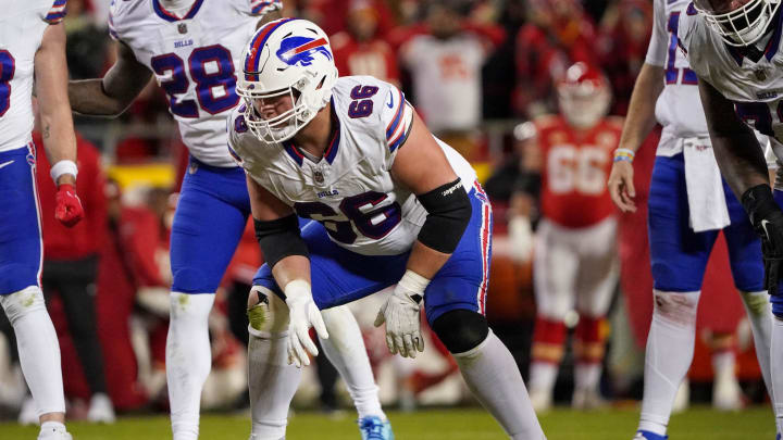 Dec 10, 2023; Kansas City, Missouri, USA; Buffalo Bills guard Connor McGovern (66) at the line of scrimmage against the Kansas City Chiefs during the game at GEHA Field at Arrowhead Stadium. Mandatory Credit: Denny Medley-USA TODAY Sports