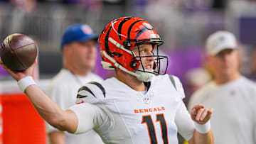 Sep 21, 2025; Minneapolis, Minnesota, USA; Cincinnati Bengals quarterback Brett Rypien (11) warms up prior to a game against the Minnesota Vikings at U.S. Bank Stadium. Mandatory Credit: Brad Rempel-Imagn Images
