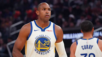 Oct 5, 2025; San Francisco, California, USA; Golden State Warriors center-forward Al Horford (20) waits for action to resume in the first quarter against the Los Angeles Lakers at Chase Center. Mandatory Credit: David Gonzales-Imagn Images