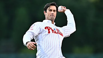 Jun 21, 2024; Philadelphia, Pennsylvania, USA; Former Philadelphia Phillies pitcher Cole Hamels throws a ceremonial first pitch before the game against the Arizona Diamondbacks at Citizens Bank Park.