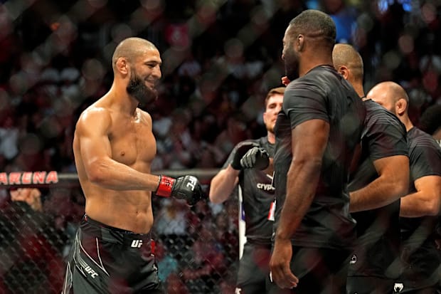 Khamzat Chimaev after defeating Kevin Holland during UFC 279 at T-Mobile Arena. 
