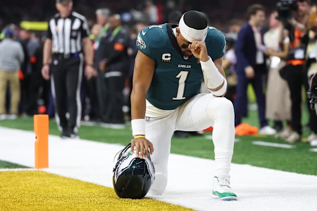 Former Alabama Crimson Tide quarterback Jalen Hurts of the Philadelphia Eagles in Super Bowl LIX.  