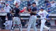 Minnesota Twins catcher Ryan Jeffers (27) and relief pitcher Jhoan Duran (59) celebrate after defeating the New York Mets at Citi Field in New York on July 31, 2024. 