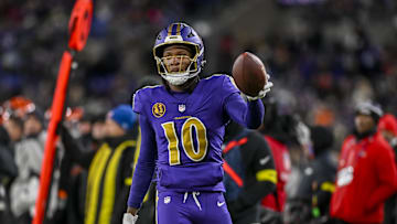Nov 27, 2025; Baltimore, Maryland, USA; Baltimore Ravens wide receiver Deandre Hopkins (10) reacts after making a reception for a first down during the second half  against the Cincinnati Bengals at M&T Bank Stadium. Mandatory Credit: Tommy Gilligan-Imagn Images