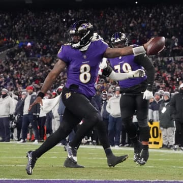 Jan 20, 2024; Baltimore, MD, USA; Baltimore Ravens quarterback Lamar Jackson (8) runs the ball to