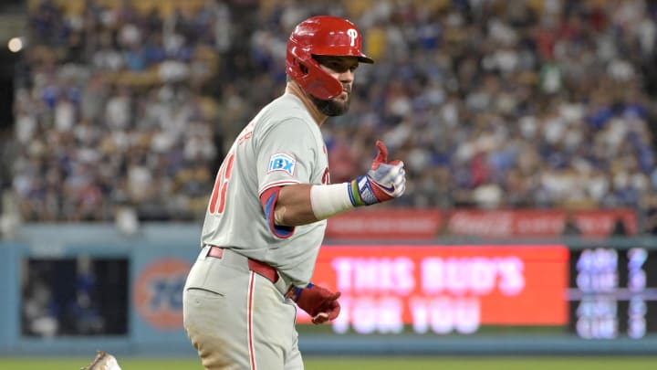 Aug 7, 2024; Los Angeles, California, USA;  Philadelphia Phillies designated hitter Kyle Schwarber (12) rounds the bases after a three-run home run in the sixth inning against the Los Angeles Dodgers at Dodger Stadium