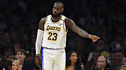 Nov 10, 2024; Los Angeles, California, USA; Los Angeles Lakers forward LeBron James (23) reacts against the Toronto Raptors during the second half at Crypto.com Arena. Mandatory Credit: Jonathan Hui-Imagn Images
