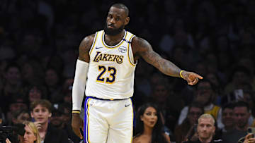 Nov 10, 2024; Los Angeles, California, USA; Los Angeles Lakers forward LeBron James (23) reacts against the Toronto Raptors during the second half at Crypto.com Arena. Mandatory Credit: Jonathan Hui-Imagn Images