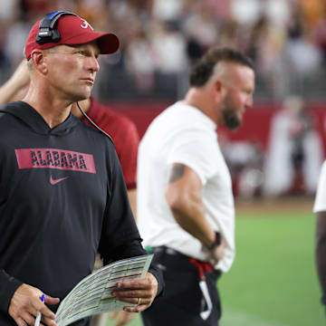 Oct 18, 2025; Tuscaloosa, Alabama, USA; Alabama Crimson Tide head coach Kalen DeBoer looks on in the third quarter against the Tennessee Volunteers at Saban Field at Bryant-Denny Stadium. Mandatory Credit: David Leong-Imagn Images