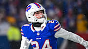 Jan 19, 2025; Orchard Park, New York, USA; Buffalo Bills safety Cole Bishop (24) warms up before a 2025 AFC divisional round game against the Baltimore Ravens at Highmark Stadium.