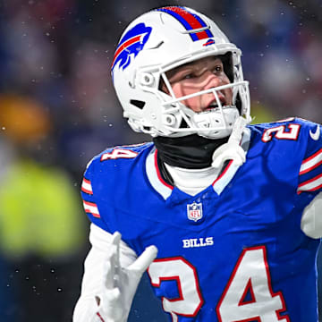 Buffalo Bills safety Cole Bishop warms up before a 2025 AFC divisional round game against the Baltimore Ravens.