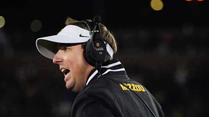 Nov 18, 2023; Columbia, Missouri, USA; Missouri Tigers head coach Eli Drinkwitz reacts to play against the Florida Gators during the first half at Faurot Field at Memorial Stadium. Mandatory Credit: Denny Medley-USA TODAY Sports