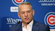 Jan 12, 2024; Chicago, IL, USA; Chicago Cubs president of baseball operations Jed Hoyer talks to the media after introducing pitcher Shota Imanaga (not pictured) during a press conference at Loews Chicago Hotel. Mandatory Credit: Kamil Krzaczynski-Imagn Images