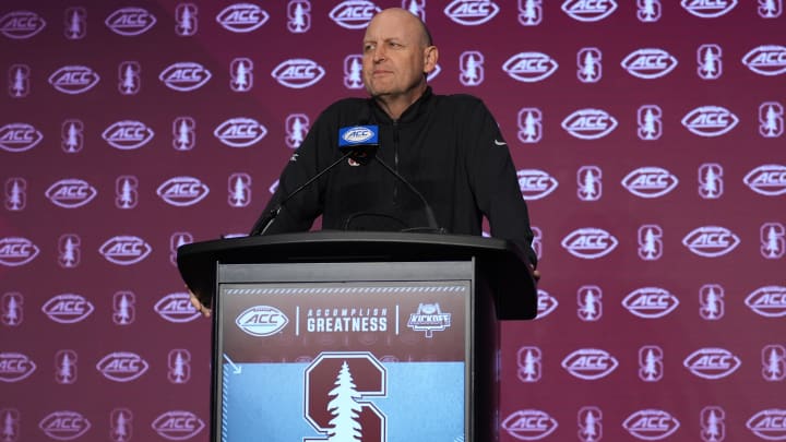 Jul 23, 2024; Charlotte, NC, USA;  Stanford head coach Troy Taylor answers questions from the media during the ACC Kickoff at Hilton Charlotte Uptown. Mandatory Credit: Jim Dedmon-USA TODAY Sports