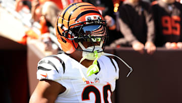 Sep 7, 2025; Cleveland, Ohio, USA; Cincinnati Bengals cornerback DJ Turner II (20) warms up before a game against the Cleveland Browns at Huntington Bank Field. Mandatory Credit: Scott Galvin-Imagn Images