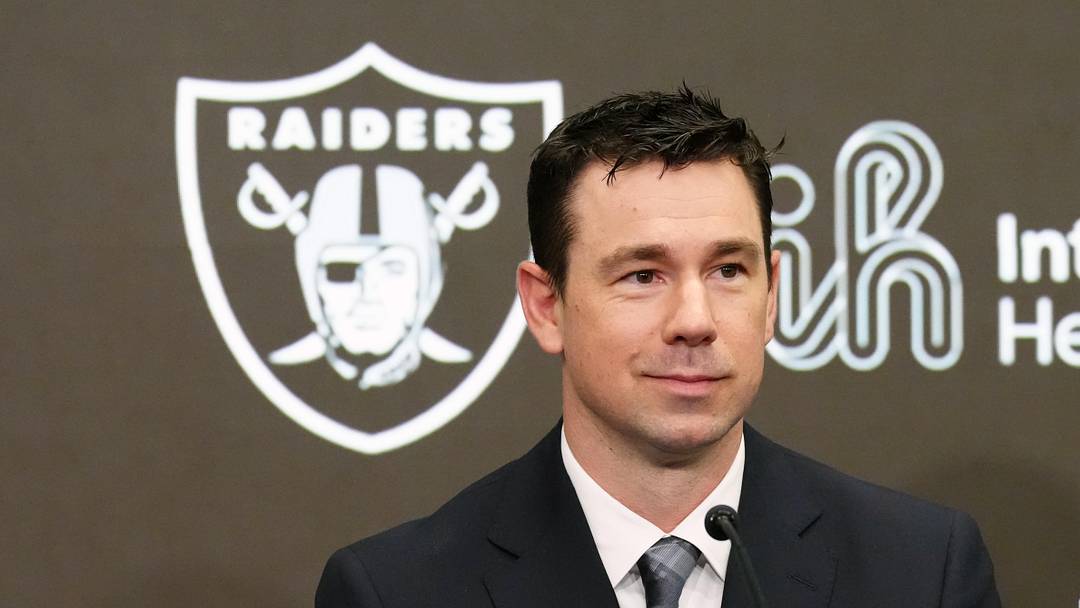 Feb 10, 2026; Henderson, NV, USA; Las Vegas Raiders coach Klint Kubiak speaks at introductory press conference at Intermountain Health Performance Center. Mandatory Credit: Kirby Lee-Imagn Images
