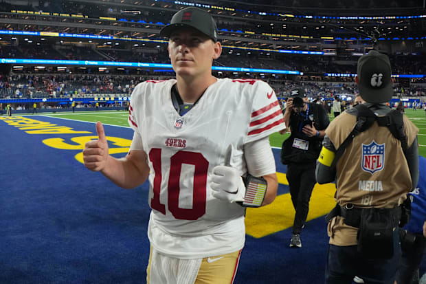 Oct 2, 2025; Inglewood, California, USA; San Francisco 49ers quarterback Mac Jones (10) reacts after the game against the Los
