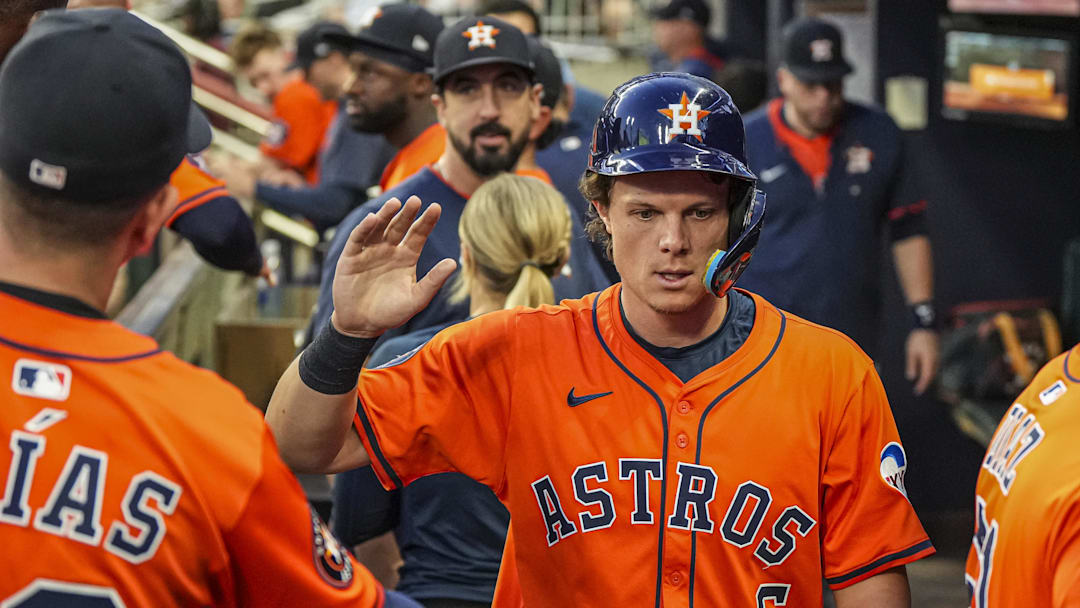 Sep 13, 2025; Cumberland, Georgia, USA; Houston Astros center fielder Jake Meyers (6) reacts in the dugout after scoring a run against the Atlanta Braves during the second inning at Truist Park. Mandatory Credit: Dale Zanine-Imagn Images