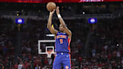 Oct 24, 2025; Houston, Texas, USA; Detroit Pistons guard Ausar Thompson (9) shoots the ball during the fourth quarter against the Houston Rockets at Toyota Center. Mandatory Credit: Troy Taormina-Imagn Images