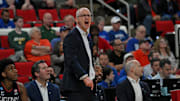 Mar 23, 2025; Raleigh, NC, USA; Connecticut Huskies head coach Dan Hurley reacts during the first half against the Florida Gators in the second round of the NCAA Tournament at Lenovo Center. Mandatory Credit: Zachary Taft-Imagn Images