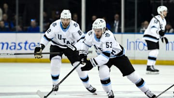Oct 12, 2024; New York, New York, USA; Utah Hockey Club left wing Michael Carcone (53) skates with the puck against the New York Rangers during the third period at Madison Square Garden. Mandatory Credit: John Jones-Imagn Images