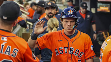 Sep 13, 2025; Cumberland, Georgia, USA; Houston Astros center fielder Jake Meyers (6) reacts in the dugout after scoring a run against the Atlanta Braves during the second inning at Truist Park. Mandatory Credit: Dale Zanine-Imagn Images
