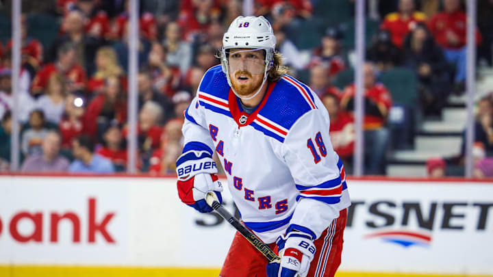 Jan 2, 2020; Calgary, Alberta, CAN; New York Rangers defenseman Marc Staal (18) against the Calgary Flames during the third period at Scotiabank Saddledome. Mandatory Credit: Sergei Belski-Imagn Images