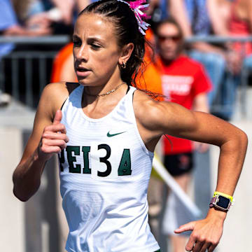 Pella's Marissa Ferebee runs the 3A 3000 meter final during the Iowa high school state track and field meet at Drake Stadium on Thursday, May 16, 2024, in Des Moines.